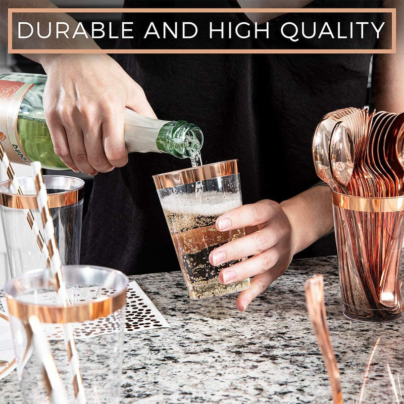 250 Piece Disposable Rose Gold Plastic Dinnerware Set - 50 Rose Gold Plastic Plates - 25 Rose Gold Plastic Silverware - 25 Rosegold Cups and Straws - 50 Fancy Napkins, Wedding or Party of 25