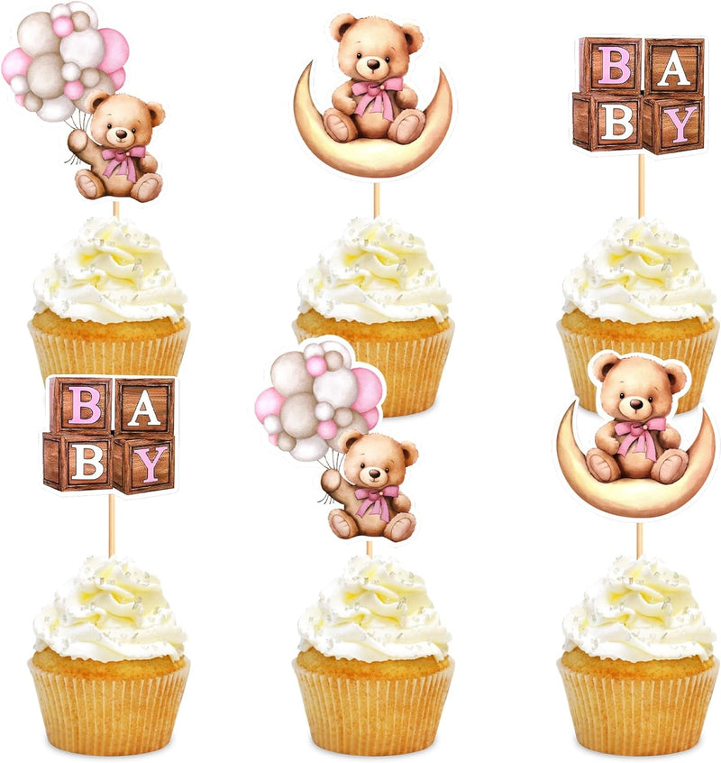 36 PCS Baby Shower Bear Cupcake Toppers Selection Baby Bear Theme Baby Shower Decorative Supplies Jungle Animal Theme Baby Shower Birthday Party Cake Decorative Supplies Blue