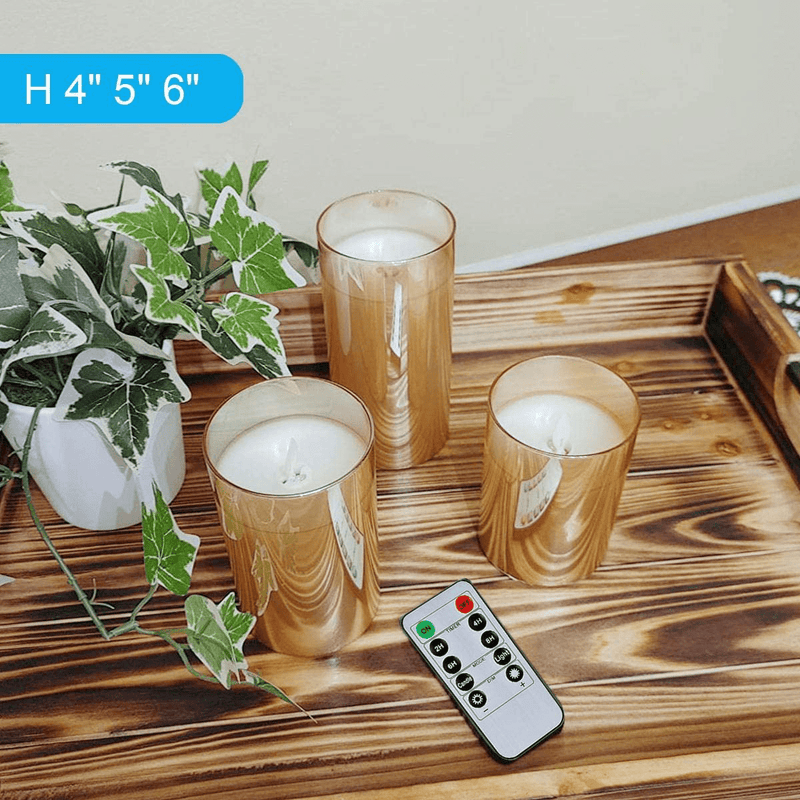 5plots Gold Glass Flickering Flameless Candles, Battery Operated LED Pillar Candles with Remote Control and Timer, Moving Flame, Wax, Set of 3 Home & Garden > Decor > Home Fragrances > Candles 5plots   