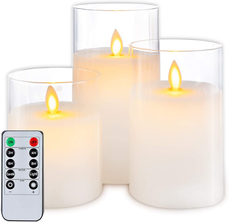 5plots Gold Glass Flickering Flameless Candles, Battery Operated LED Pillar Candles with Remote Control and Timer, Moving Flame, Wax, Set of 3