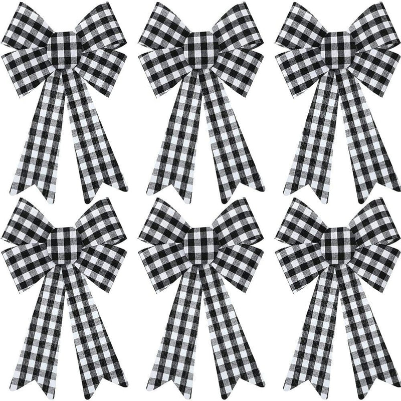 6 Christmas Buffalo Plaid Red Bows Burlap Plastic Black Checkered Small Wreath Ribbon Bow for Holiday Kitchen Indoor Outdoor Decoration Xmas Tree Garland Decor Gift Wrap Craft Supplies Home Home & Garden > Decor > Seasonal & Holiday Decorations& Garden > Decor > Seasonal & Holiday Decorations SurVank Black and White  