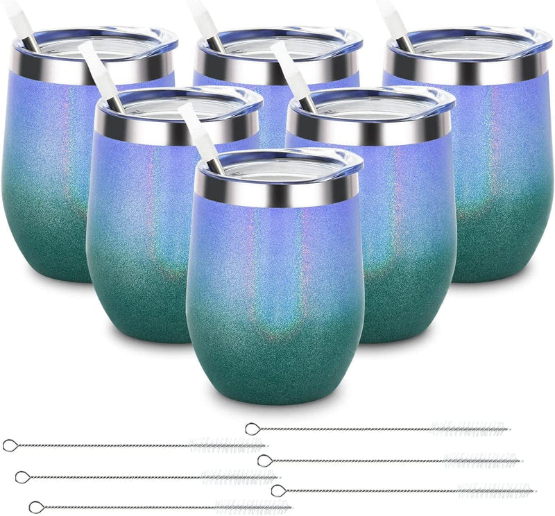 6 Pack 12Oz Stainless Steel Stemless Wine Tumbler Wine Glasses Set with Lid and Straws Set of 6 for Coffee, Wine, Cocktails, Ice Cream, Picnic Camping Party or Family Daily Use Home & Garden > Kitchen & Dining > Tableware > Drinkware Romantic Glitter Peacock Violet  