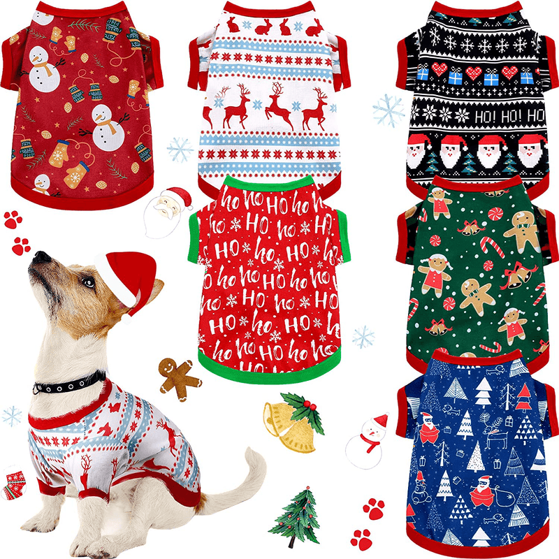 6 Pieces Christmas Dog Clothes Pet Shirts Breathable Puppy Vest Printed Christmas Snowman Reindeer Santa Claus Dog Shirts for Soft Outfit Dogs and Cats Animals & Pet Supplies > Pet Supplies > Dog Supplies > Dog Apparel Saintrygo Small  