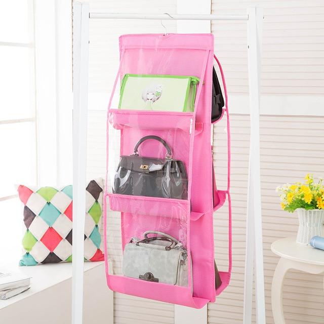 6 Pocket Transparent Hanging Handbag Furniture > Cabinets & Storage > Armoires & Wardrobes KOL DEALS Pink  