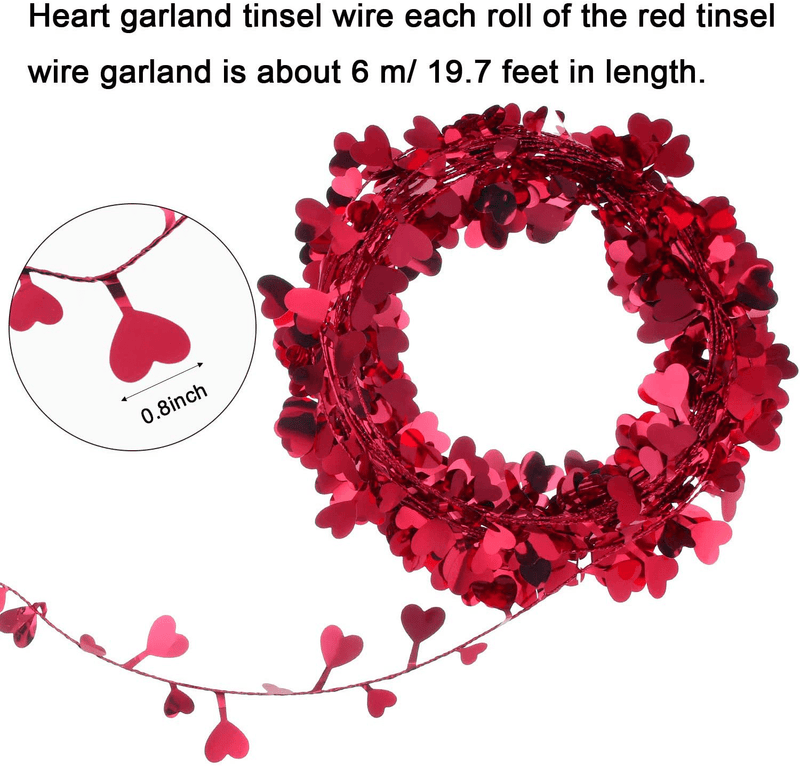 6 Rolls Valentine'S Day Heart Garlands Heart Shape Wire Garland Red Tinsel Heart Banners for Valentine'S Day Party Wedding Supply Home Decorations, the Total Length Is 118 Feet