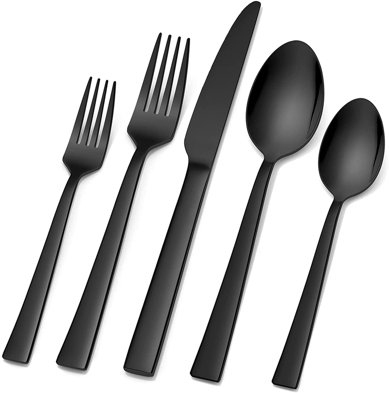 60-Piece Silverware Set, E-far Stainless Steel Flatware Set Service for 12, Tableware Cutlery Set for Home Restaurant Party, Dinner Forks/Spoons/Knives, Square Edge & Mirror Polished, Dishwasher Safe Home & Garden > Kitchen & Dining > Tableware > Flatware > Flatware Sets E-far Black 20 Pieces 