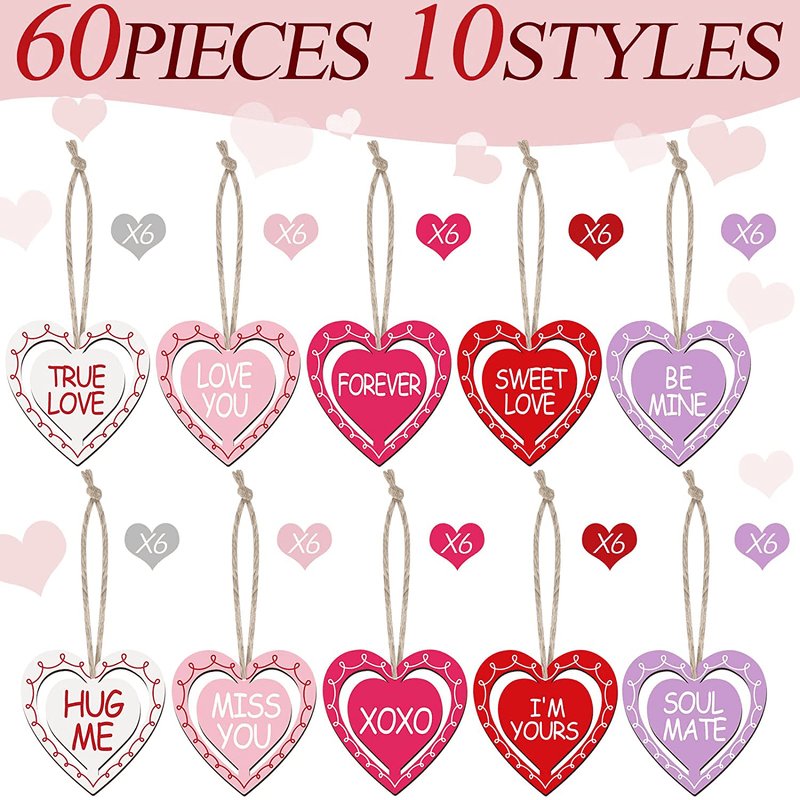 60 Pieces Valentine'S Day Wood Heart Shaped Ornaments Valentine'S Day Ornaments Wood Hanging Slices Valentine'S Day Decoration Valentines Hanging Crafts for Valentine'S Day Rustic Home Decor Home & Garden > Decor > Seasonal & Holiday Decorations Yookeer   