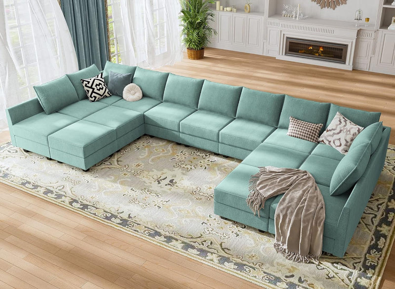 HONBAY Convertible U Shaped Modular Sofa Sectional Modular Couch with Chaise Oversized Sofa Sleeper Couch for Large Living Room,Aqua Blue