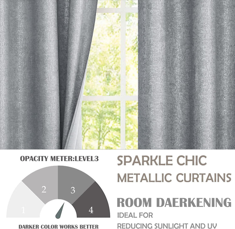 Bujasso Grey Metallic Room Darkening Window Curtains Luxury Silver Sparkle 75% Blackout Curtains 84 Inch Chic Glitter Gray Drapes for Living Room Bedroom Grommet Top 2 Panels,W52 Xl84