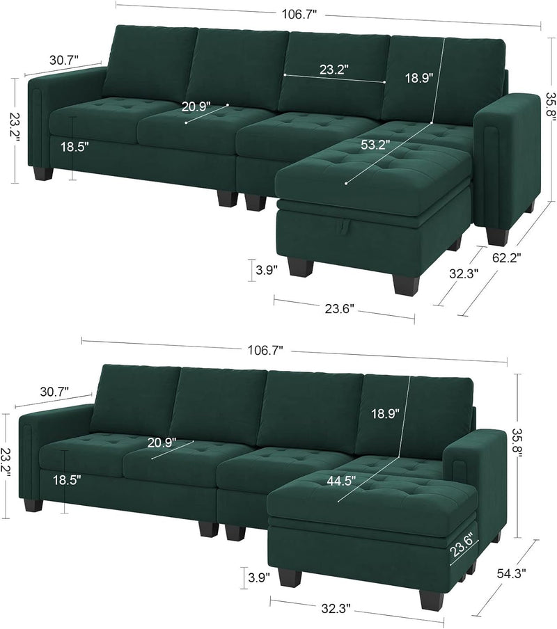 Belffin Velvet Reversible Sectional Sofa with Chaise Convertible L Shaped 4-Seat Sectional Couch with Storage Ottoman Green