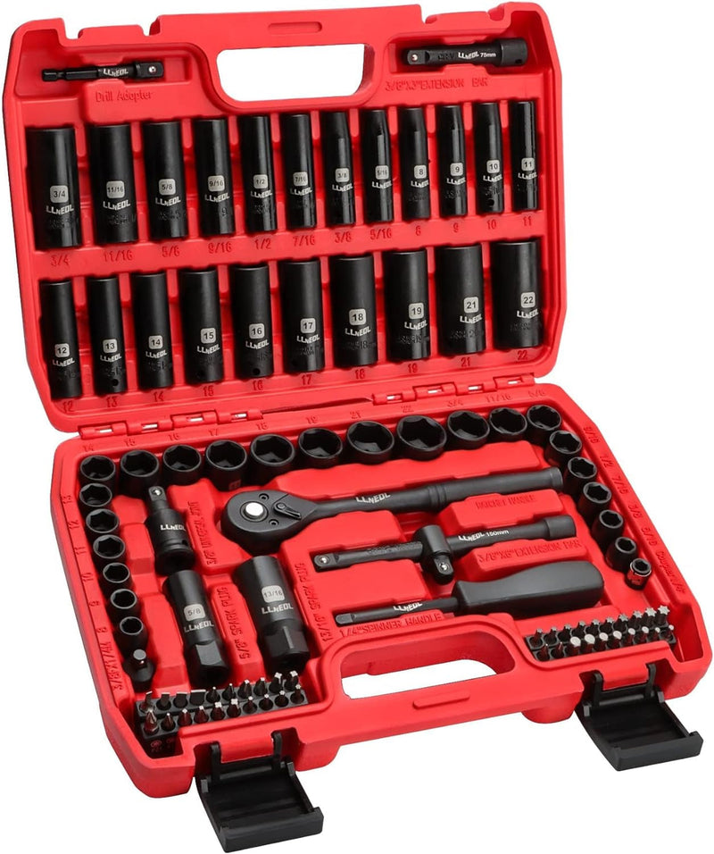 3/8" Drive Impact Socket Set 95Pcs, Spark Plug Socket (5/8", 13/16"), 6 Point Metric & SAE from 5/16"- 3/4", 8-22Mm, CR-V Deep & Shallow Kit with Quick Release Ratchet (72-Tooth) for Home & DIY