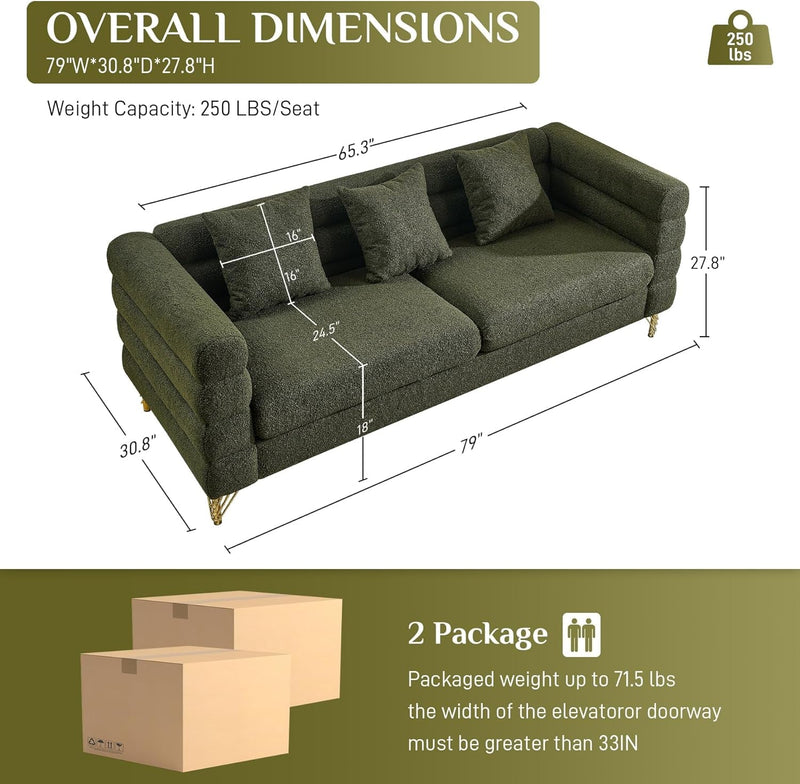 Cloud Couch for Living Room, 79" Modern Overstuffed Deep Seat Boucle Sherpa Sofa with 3 Pillows, Comfy Upholstered 3 Seater Large Loveseat for Bedroom Office, Olive Green Teddy
