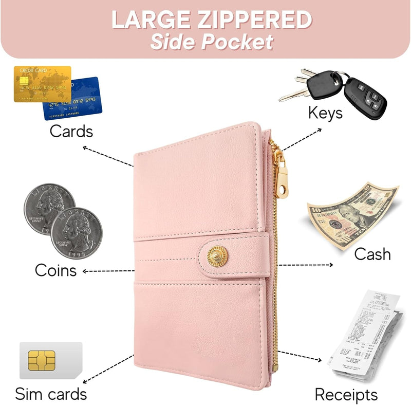 Elzama Passport Holder Women with RFID Blocking, Passport Cover Wallet with Zipper Pocket, Pen Sim Card Holders, Cute Slim Travel Wallet Passport Book Protector Case, Pink