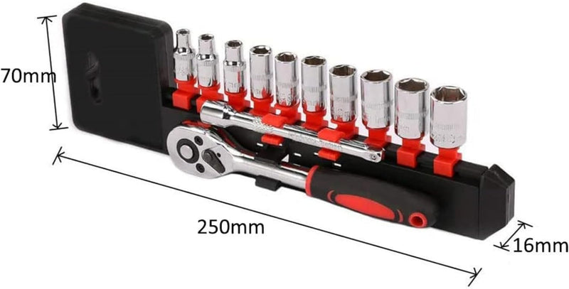 1/4” Ratchet Socket Wrench Set, Mechanic Tool Kit and Sockets Set with Quick Release Reversible Ratchet Handle and Extension Bar, 12 Pcs Set