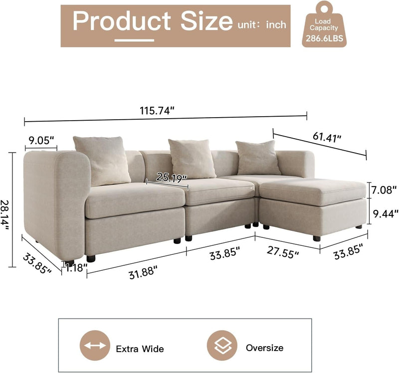 115.74" L 4 Seaters Modular Sofa, Convertible L-Shaped Couch, Oversized Sectional Sofa with Storage Ottoman, Sofa Couch for Living Room, Removable Back and Seat Cushion, Beige