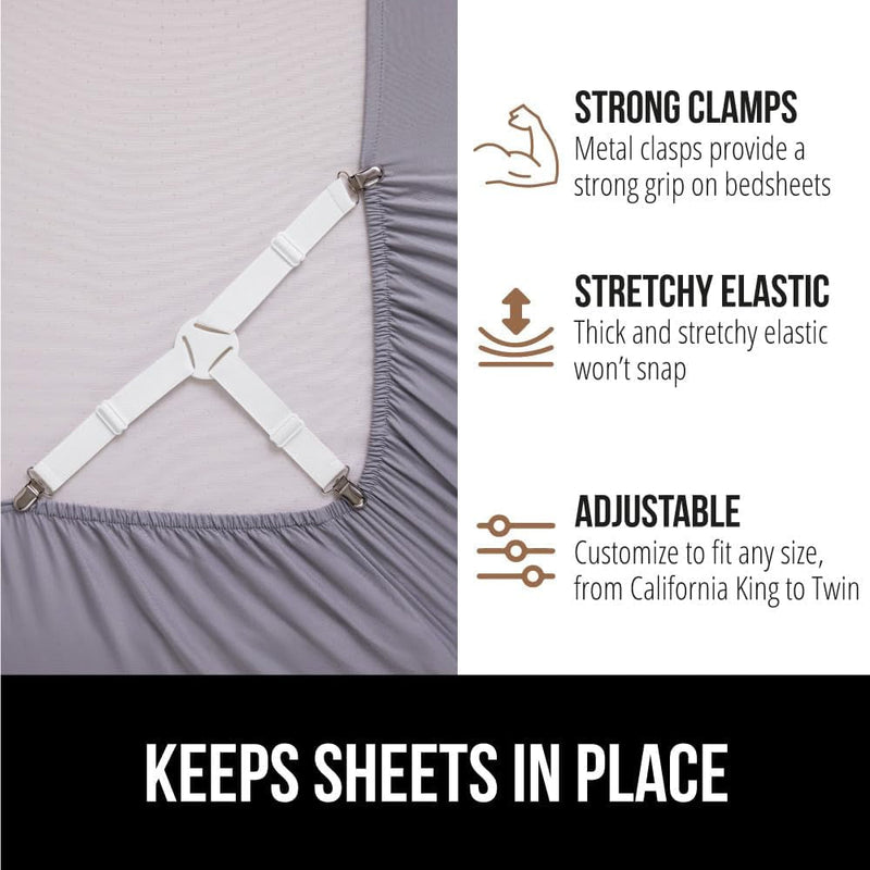 Gorilla Grip Bed Sheet Straps, Adjustable Elastic Fasteners with Metal Clips, Keep in Place Fitted Bedding Holder, Easy Install Suspenders Mattresses, Firm Tight Accessories, 4 Pack White