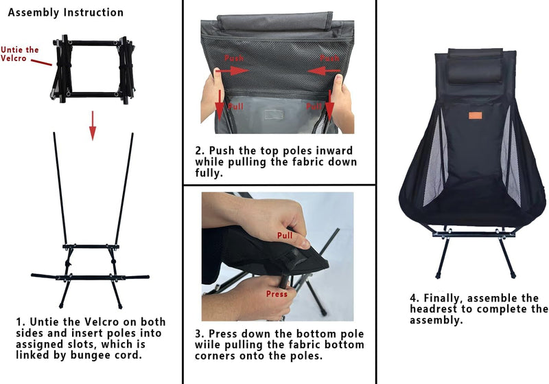 Camping Chair, Patented for Invention, Includes Complimentary Backpack, Portable Folding Chair, Beach Chair with Side Pocket, Lightweight Hiking Chair BD-ZZ-BHSD (Black-Red)