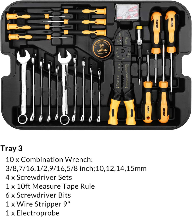 DEKOPRO 258 Piece Tool Kit with Rolling Tool Box Socket Wrench Hand Tool Set Mechanic Case Trolley Portable