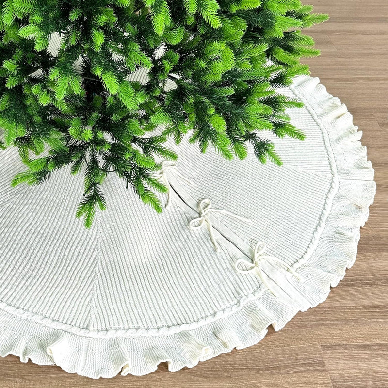 60-Inch Ruffled Sweater Knit Christmas Tree Skirt with Lace Ties, Cream White