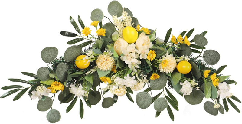 27.5In Artificial Flower Swag with Lemon Berry, Simulation Lemon Lintel Wreath Wall Hanging Lintel Garland, Spring Summer Fruit Floral Swag Wreath for Wedding Home Party Door Wall(With Light)