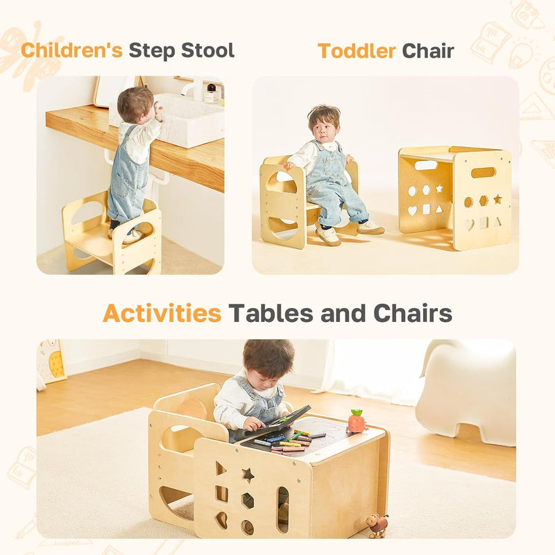 2 in 1 Montessori Weaning Table and Chair Set, Wooden Toddler Table and Chair Set with Blackboards, Adjustable Height Chair Step Stool,1-3 Year Old Kids Montessori Furniture for Boys and Girls