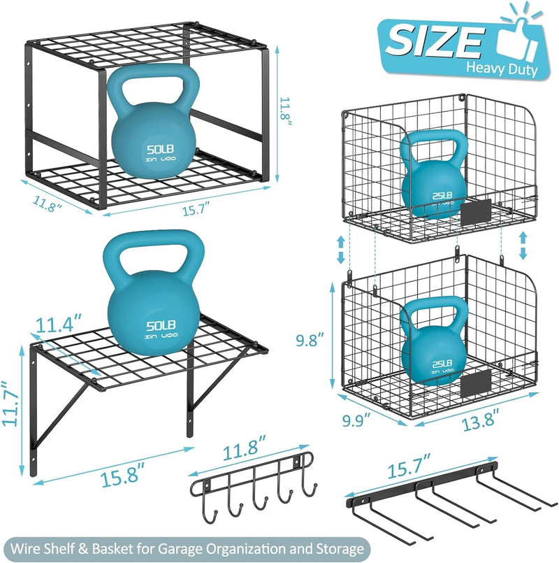 Garage Shelf Wall Mounted with Wire Baskets, Heavy Duty Garage Wall Shelving with Garden Tool Rack and Hooks, Wire Shelf Baskets Tool Organizer for Home Garden Garage Organization and Storage