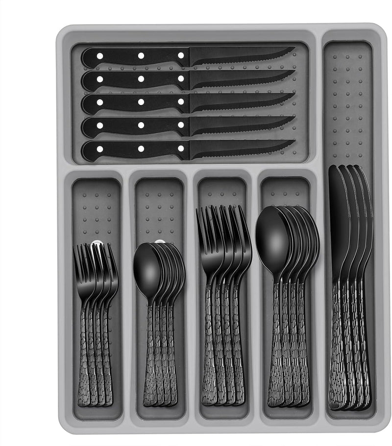 49-Piece Silverware Set with Organizer, Heavy Duty Stainless Steel Flatware for 8, Cutlery Utensil Sets with Steak Knives, Rust-Proof, Mirror Polished, Dishwasher Safe