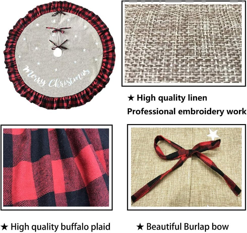 AISENO 48 Inch Christmas Tree Skirt Linen Burlap Buffalo Plaid Edge Decoration for Merry Christmas Party Red and Black Buffalo Christmas Tree Skirt Decorations