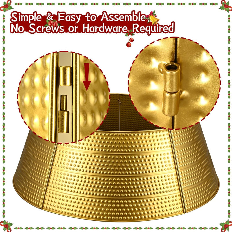 Christmas Tree Collar 28" Metal Gold Christmas Tree Skirt Stand Base Cover for Artificial Trees 5 Panel Hammered Christmas Tree Ring Protection from Pets Xmas Decorations