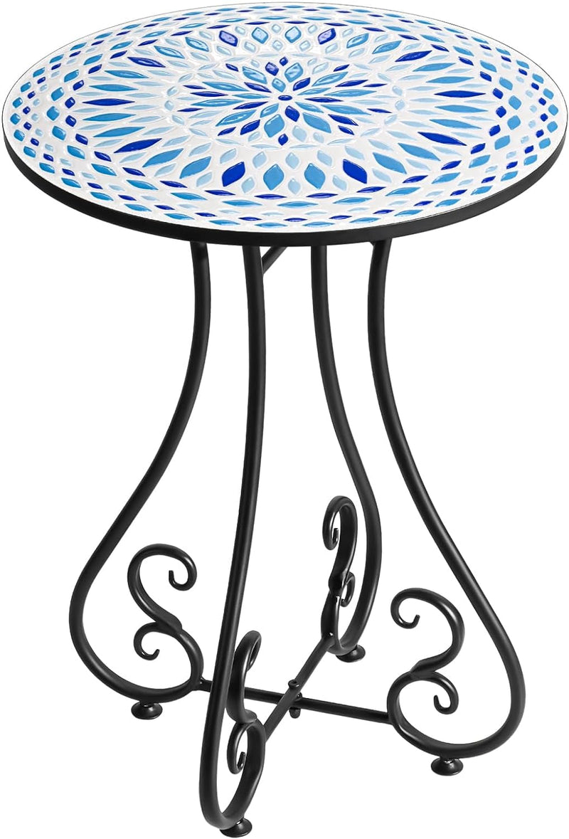 14" Outdoor Side Table, Scrollwork Accent round End Table, Unique Relief Ceramic Tile Tabletop with Metal Frame, Coffee Tea Table Nightstand for Living Room, Bedroom