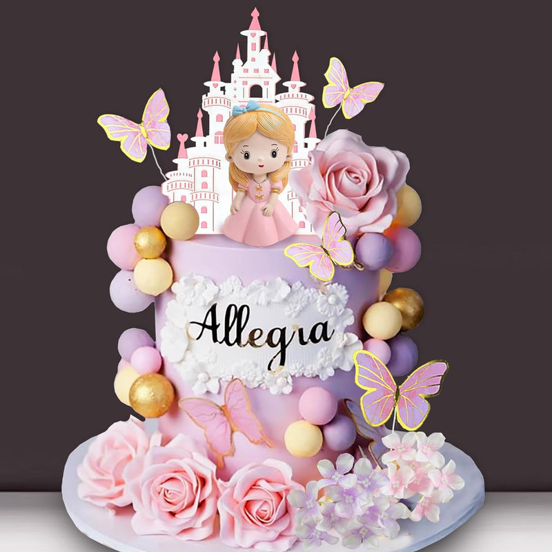 39 PCS Princess Cake Topper Castle Cake Decoration with Butterflies Artificial Flowers and Balls for Girls Kids Happy Birthday Party Decorations Princess Baby Shower Supplies (Pink and Purple)