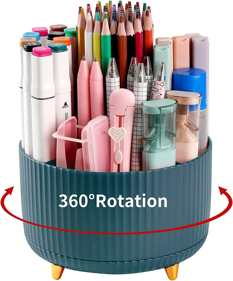 Desk Pencil Pen Holder, 5 Slots 360°Degree Rotating Pen Organizers for Desk, Desktop Storage Stationery Supplies Organizer, Cute Pencil Cup Pot for Office, School, Home, Art Supply, Dark Green