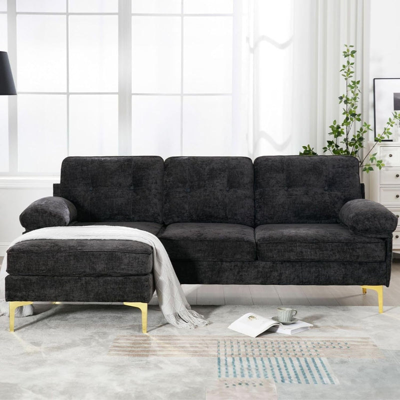 Apicizon 82" Black Sectional Sofa Cloud Couches, Modern L-Shaped Sofa Chaise Sleeper for Living Room, Convertible Sofa Couch with Cushion for Apartment Chenille