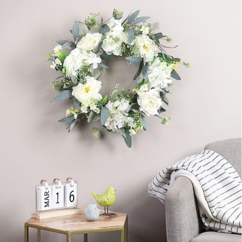 20 Inch Front Door Wreath with White Peony Flowers Green Eucalyptus Leaves and Wild Flowers for Window Wall Farmhouse Home Decor