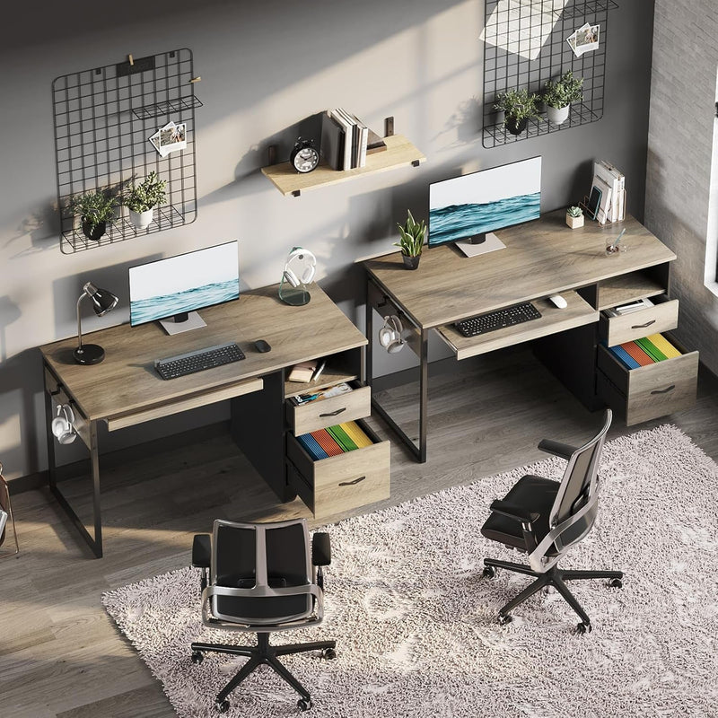 Bestier 48” Computer Desk with Drawers, Office Desk with Storage, Industrial Wood Writing Desk with File Drawer, Keyboard Tray & 2 Hooks for Home Office & Studio, Gray