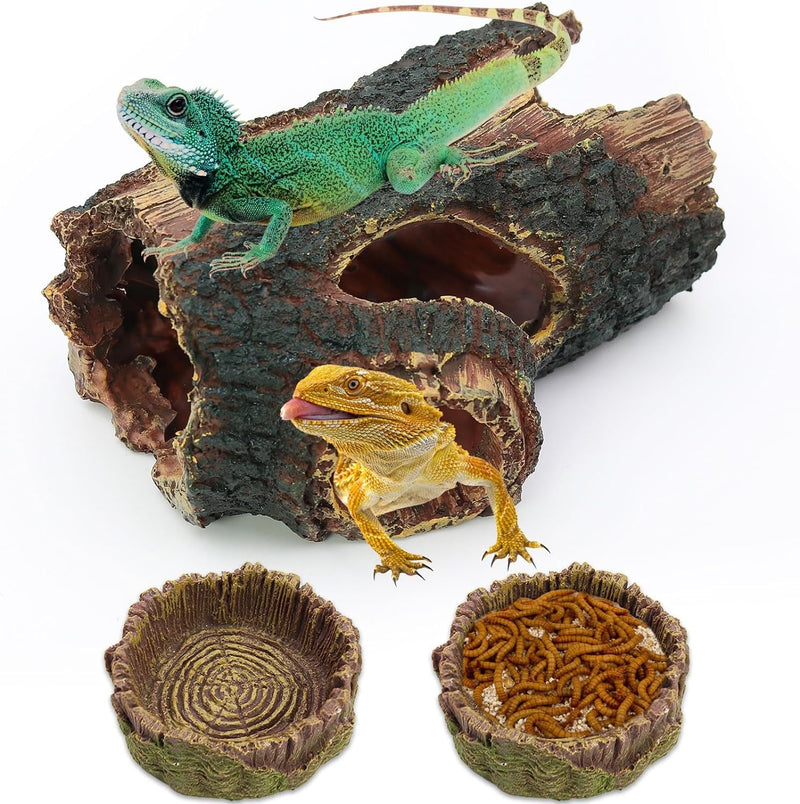 3Pcs Reptile Hide Cave Small Lizard Reptile Food＆Water Bearded Dragon Bowls Accessories,Natural Resin Hollow Tree Trunk Hideout,Hermit Crab Supplies Trunk Snake Gecko Frogs Fish Tanks Decor