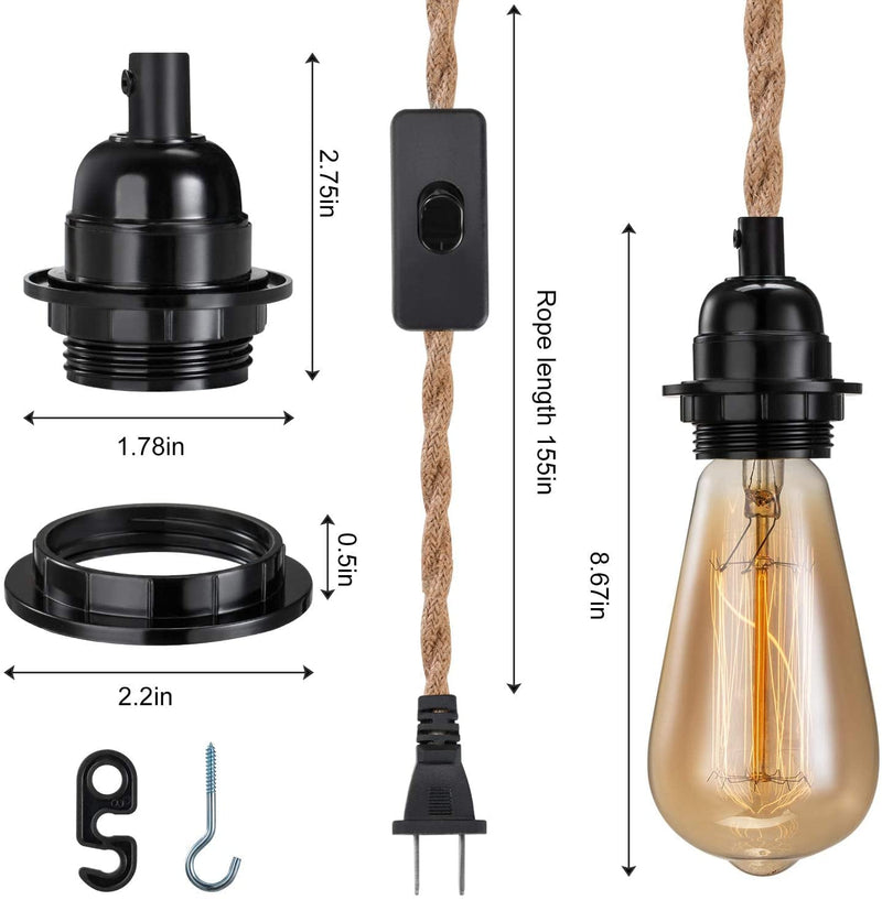 3 Pack Elibbren Plug in Pendant Light Cord Kit with Switch, Vintage Hanging Light Cord with 13.12FT Twisted Hemp Rope Plug in Pendant Kit, Industrial Pendant Lighting DIY Plug in Lamp Fixture