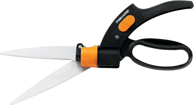 Fiskars Shear Ease Grass Shears - 5" Stainless Steel Blades - 360-Degree Swivel Blade Plant Cutting Scissors - Garden Shears and Grass Cutter, Black