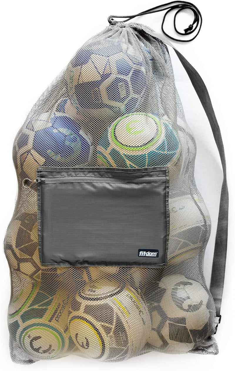 Fitdom Extra Large Heavy Duty Mesh Bag. Best for Soccer Ball, Water Sports, Beach Cloth, Swimming Gears. Adjustable Shoulder Strap. Secure Side Pocket