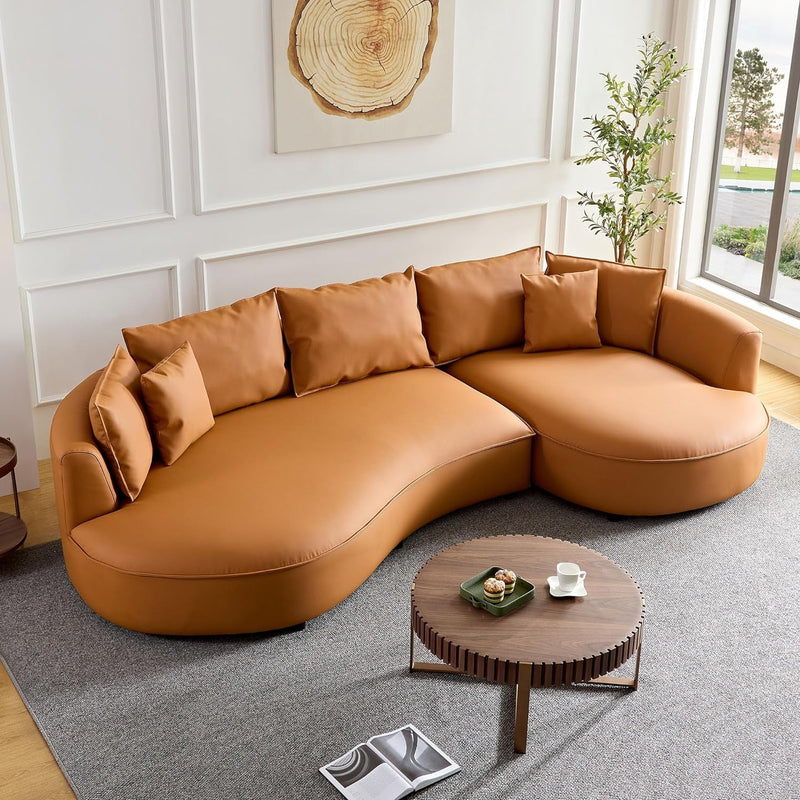 124.8" Boucle Curved Sofa Cloud Couch for Living Room, Upholstered 4-Seat Sofa Couch Eco-Leather Couch Sofa for Home Apartment Office, Right Hand Facing,Orange