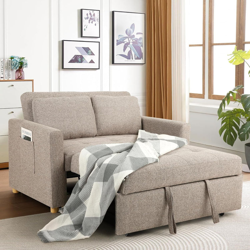 Umwandelbares Schlafsofa, 3-in-1-Schlafsofa, Ausziehcouch, 2-Sitzer-Futonsofa aus Leinenstoff mit Federunterstützung, verstellbare Rückenlehne für kleine Räume, Wohnzimmer, Olivgrün