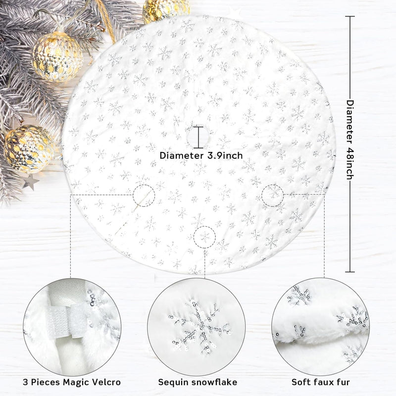 COOLWUFAN 48 Inches Christmas Tree Skirt for Xmas Tree Holiday Party Decorations White Plush Silver Sequin Snowflake (Silver)