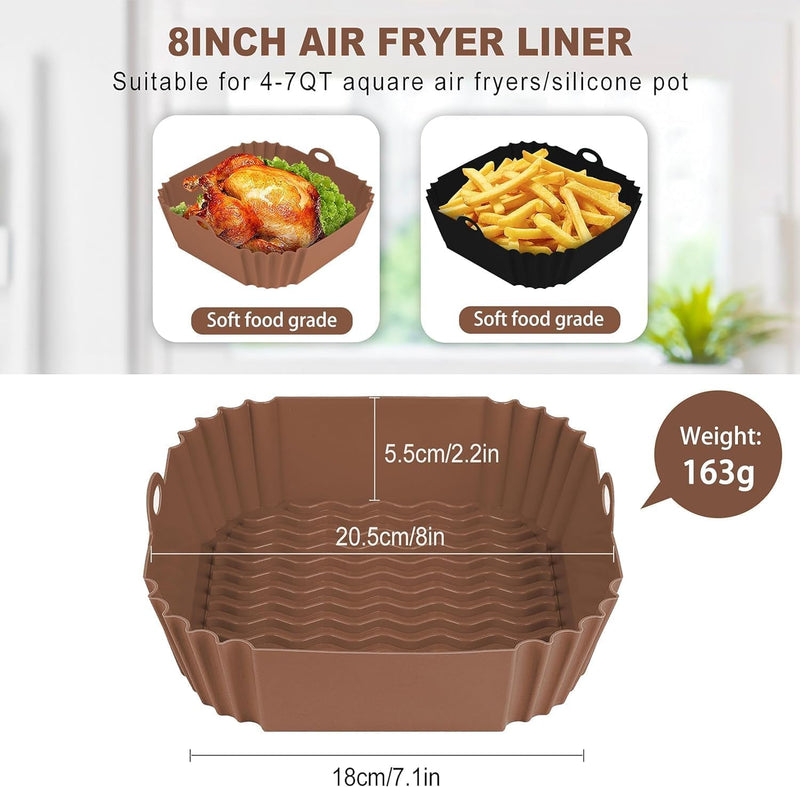 2 PCS Square Silicone Air Fryer Liners - 8 Inch Reusable Air Fryer Pot - Air Fryer Accessories - Air Fryer Inserts for 4 to 7 QT Oven Microwave Accessories (Black + Brown)