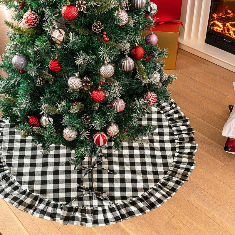 Christmas Tree Skirt Cotton Buffalo Plaid Black and White 48 Inch Ruffle for Xmas Holiday Tree Decorations