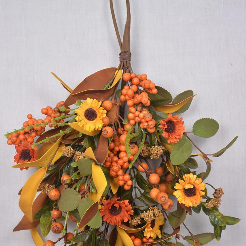 19.7Inch Fall Harvest Teardrop Swag, Simulation Flower Harvest Door Swag Wreath, Wall Hanging Autumn Wreath with Pumpkin Maple Leaf Berries for Front Door Thanksgiving Decor, A