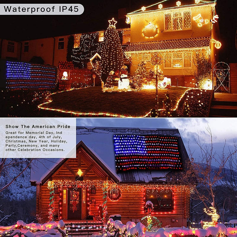 (New) American Flag Lights, Outdoor Flag String Lights 420 LED Waterproof Led Flag Net Light Patriotic Ornaments for Outdoor Home Yard,Garden, Camping, Memorial Day, 4Th of July, Christmas Decorations