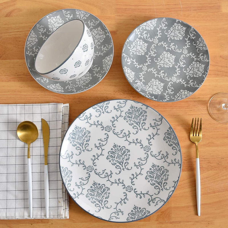 12-Pieces Dinnerware Sets Ceramic Dish Set, Plates and Bowls Sets, Dishes Set for 4, Nonstick Plate Set, Durable Stoneware Plates, Dishes, Soup and Cereal Bowls, Grey, for Kitchen