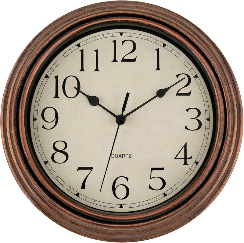 Foxtop Retro Silent Non-Ticking round Classic Clock Quartz Decorative Battery Operated Wall Clock for Living Room Kitchen Home Office 12 Inch (Bronze)