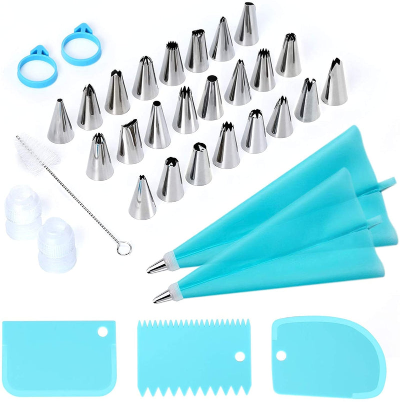 34Pcs Piping Bags and Tips Set, Bake Cake Decorating Kit with 24 Stainless Steel Tips, 2 Reusable Silicone Pastry Bags, 3 Icing Smoother, 2 Couplers, 2 Frosting Bags Ties and 1Pipe Brush