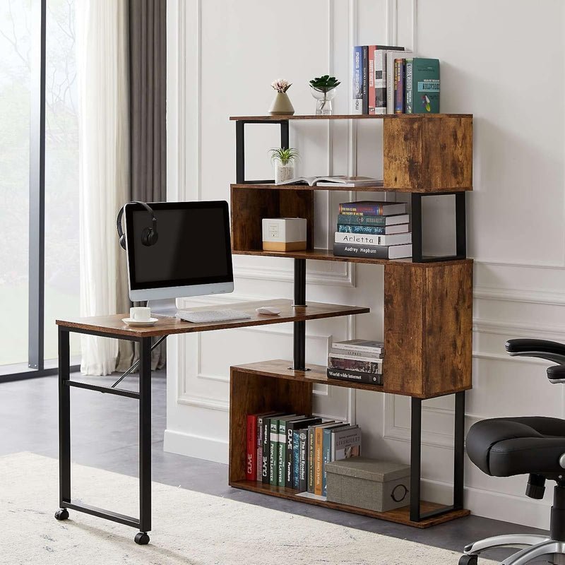 Home Office Desk, L-Shaped Rotating Corner Computer Table with Bookcase Display